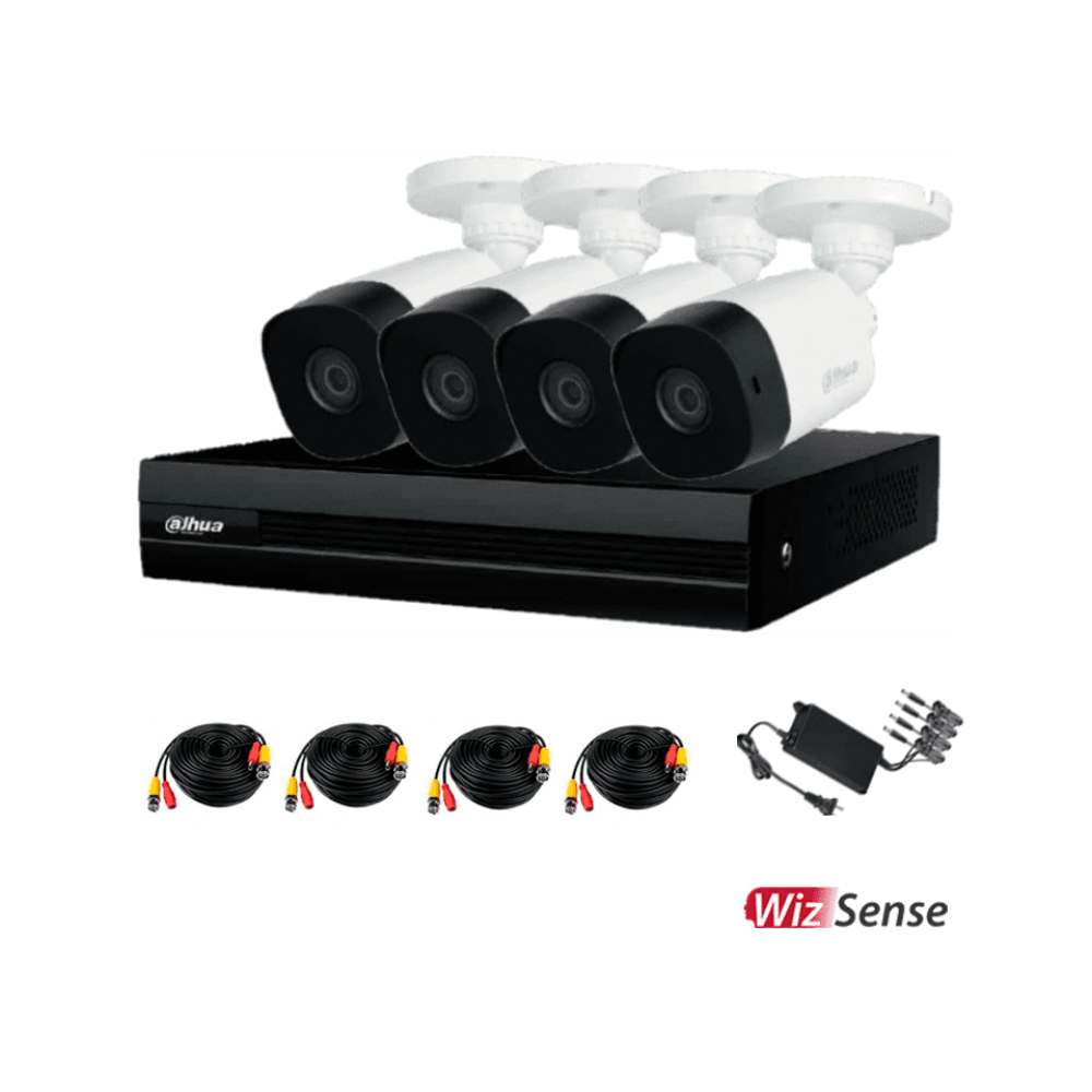 Kit Dahua 8 Canales, 4 Cámaras B1A21 2MP, DVR Cooper-I WizSense IA, H.265+, Detección de Humanos y Vehículos