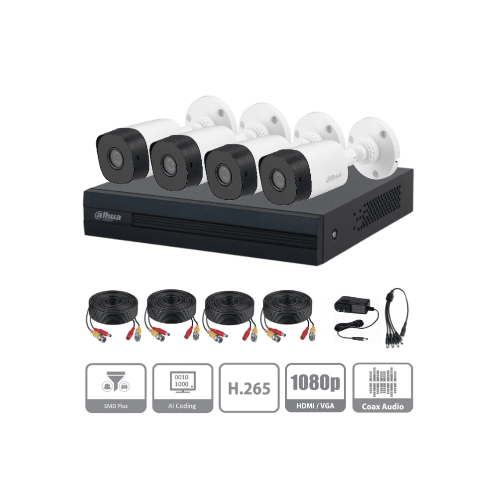 Kit Dahua 4 Canales, DVR Cooper-I WizSense IA, 1MP, H.265+, Cámaras B1A11, Detección de Humanos y Vehículos, Accesorios Incluidos