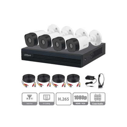 Kit Dahua 4 Canales, DVR Cooper-I WizSense IA, 1MP, H.265+, Cámaras B1A11, Detección de Humanos y Vehículos, Accesorios Incluidos