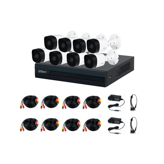 Kit Dahua 8 Canales, DVR Cooper-I WizSense IA, Cámaras B2A21 1080P Metálicas, H.265+, Detección de Humanos y Vehículos, Accesorios Incluidos