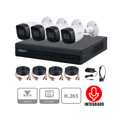 Kit Dahua 4 Canales, DVR Cooper-I WizSense IA, H.265+, 4 Cámaras 2MP con Audio, Accesorios Incluidos