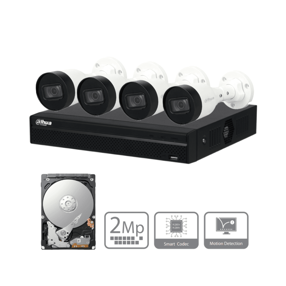 Kit Dahua NVR 4 Canales PoE, 4 Cámaras Bullet 2MP, 1TB, IR 30m, IP67 para Exteriores