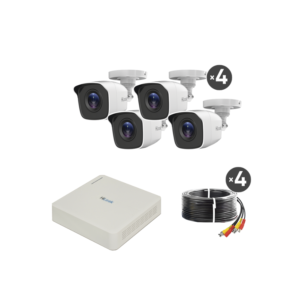 Kit TurboHD 720P: DVR 4 Canales, 4 Cámaras Bala, 4 Cables de 18m, Fuente de Poder Profesional