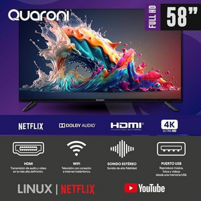 Televisión Smart Quaroni 4K para Netflix 58", 2160P, 2 HDMI, 2 USB, RCA, Óptico, 3.5mm, 60Hz