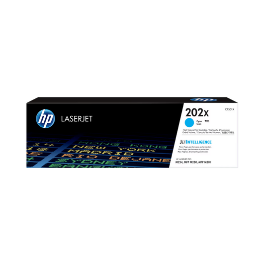 Tóner HP 202X CF501X Cian LaserJet Pro M254DW/M281FDW Alto Rendimiento (2,500 Páginas)