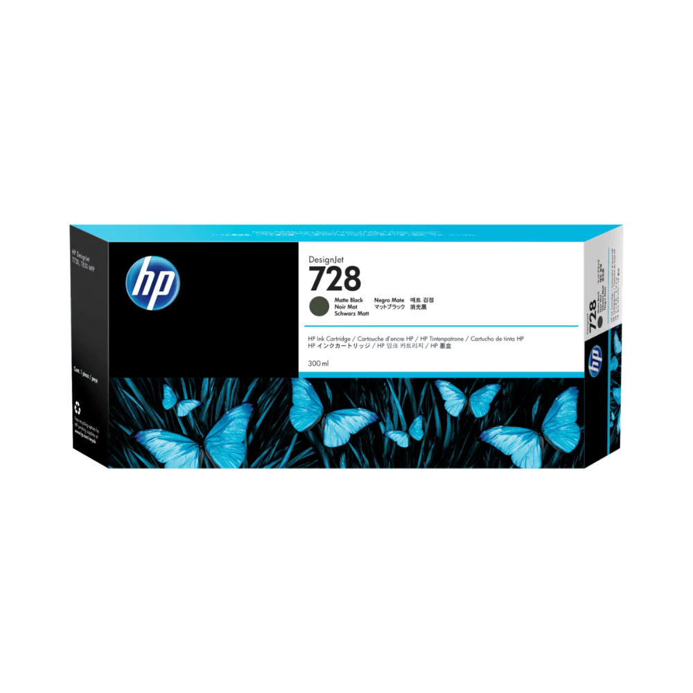 Tinta HP LF 728 F9J68A Negra Mate para DesignJet T730/T830 (300 ml)