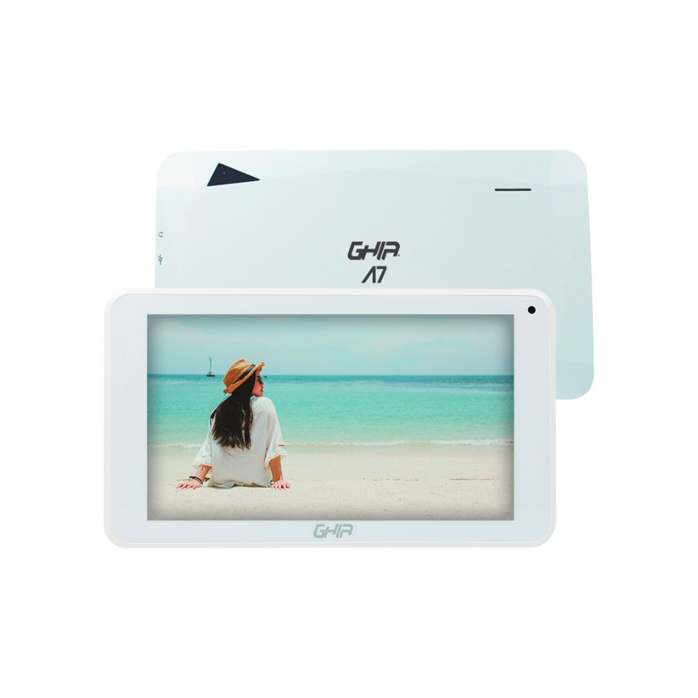 Tablet Ghia A7 WiFi, Quad Core A133, 1GB RAM, 16GB, Cámaras 0.3MP y 2MP, 2100mAh, Android 11 Go, Blanca