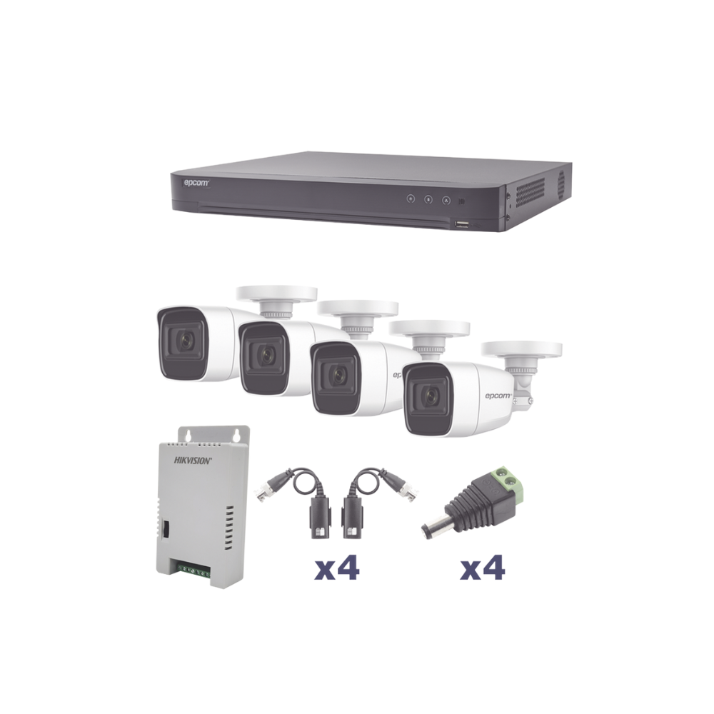 Kit TurboHD 1080P: DVR 4 Canales, 4 Cámaras Bala de Policarbonato con Audio Integrado (Exterior 2.8mm), Transceptores, Conectores y Fuente de Poder Profesional