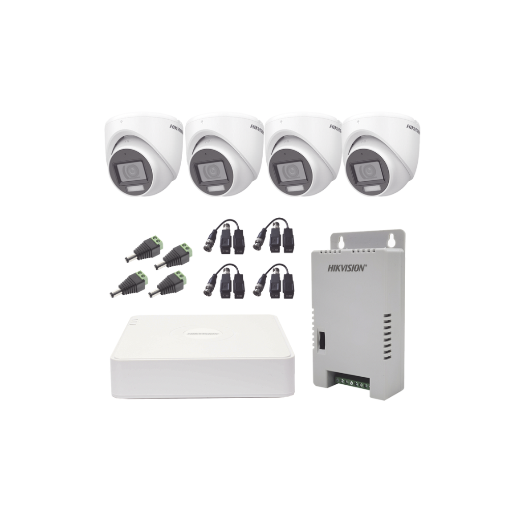 Kit TurboHD 1080P: DVR 4 Canales con Audio por Coaxitron, 4 Cámaras con Micrófono, Visión de 106°, Luz Blanca + IR, Transceptores, Conectores y Fuente de Poder Profesional