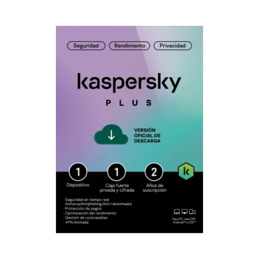 Licencia Kaspersky Plus 2 Años - 1 Dispositivo, 1 Cuenta KPM (Antivirus ESD)