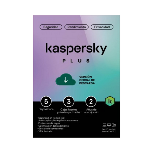 Licencia Kaspersky Plus 2 Años - 5 Dispositivos, 3 Cuentas KPM (Antivirus ESD)