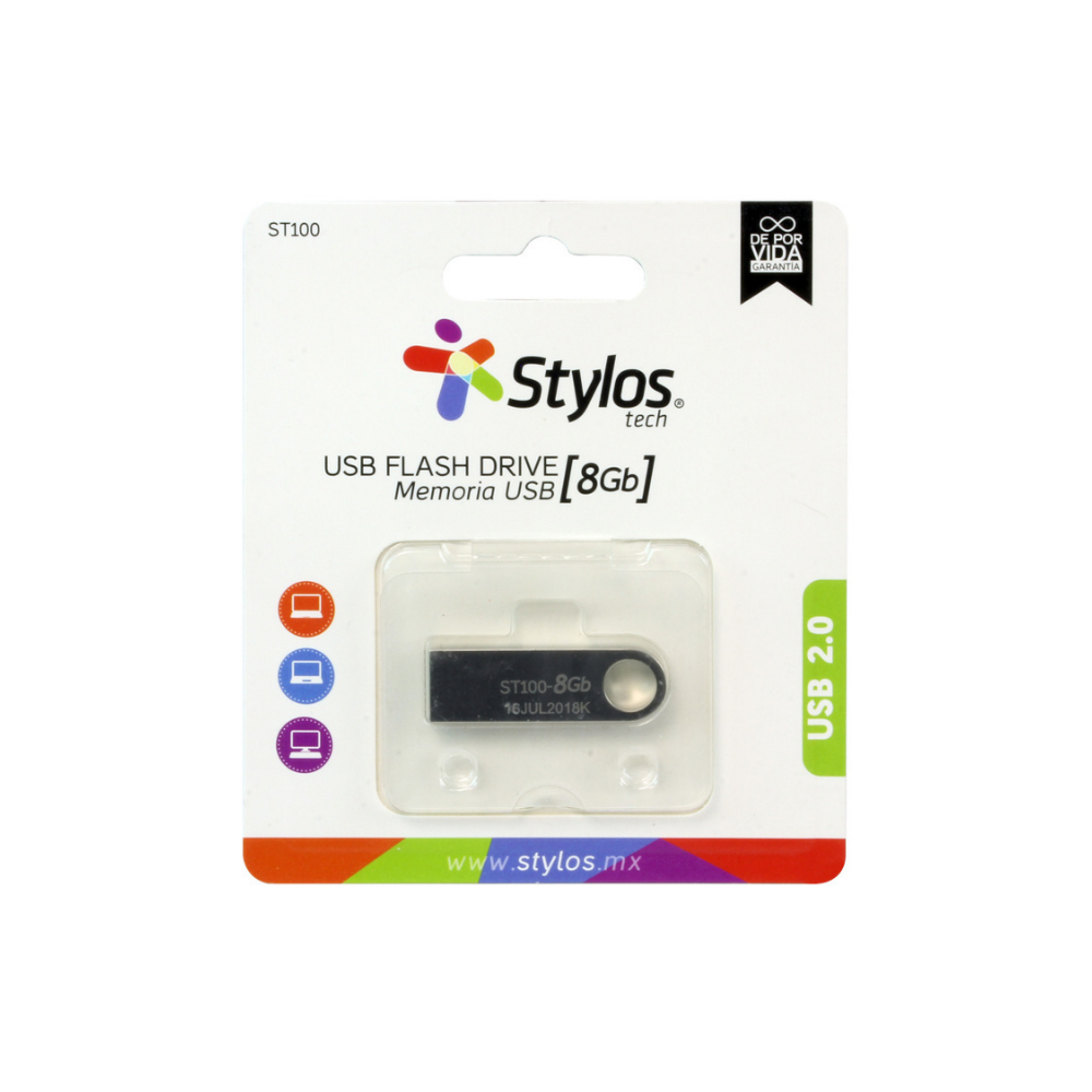 Memoria USB Stylos 8GB ST100 Flash 2.0 Plata (STMUSB1B)