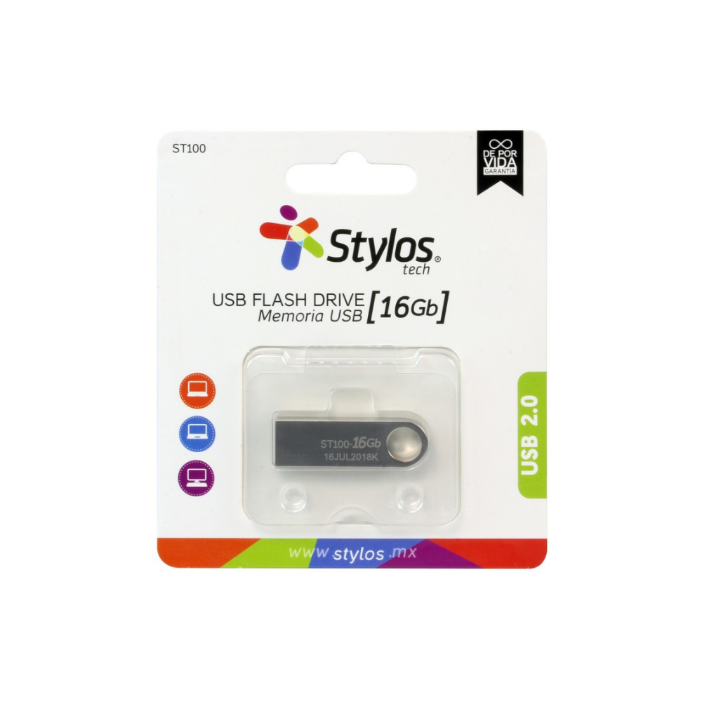 Memoria USB Stylos 16GB ST100 Flash 2.0 Plata (STMUSB2B)